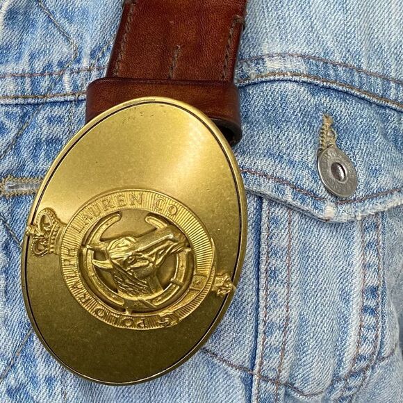 Ralph Lauren Made in England Vintage Brass Horse Head Crown Buckle Leather Belt - Picture 15 of 16